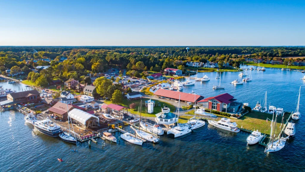 An aerial photo of the Chesapeake Bay Maritime Museum, surrounded by boats and water.