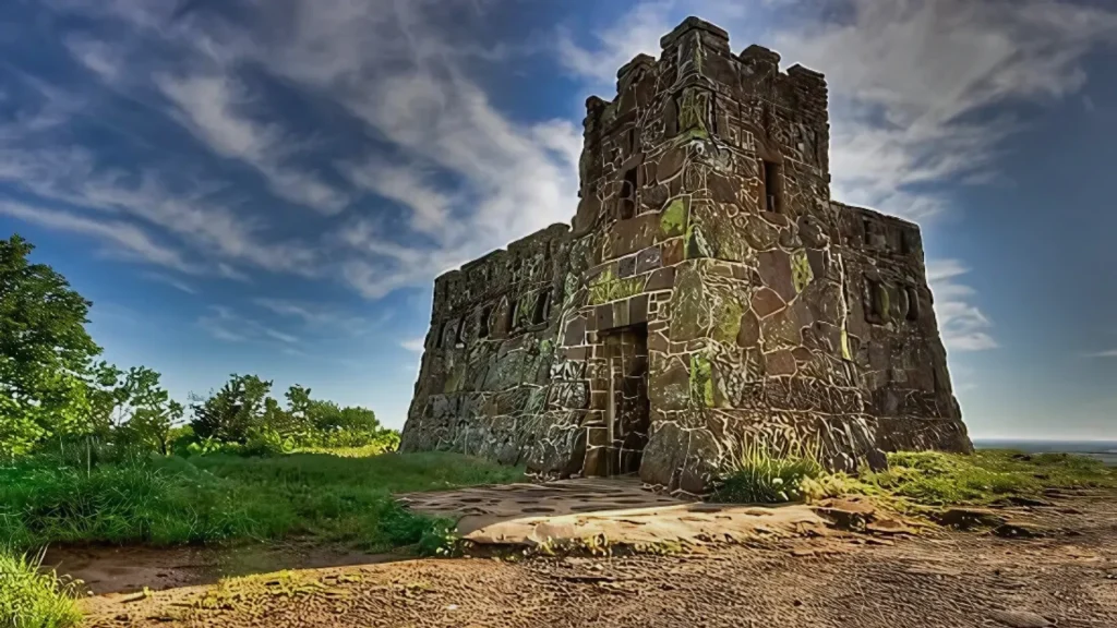 The castle in Coronado Heights on a sunny day with wispy clouds in the sky. The structure is old and likely not what it once was. 