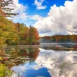 Tobyhanna State Park in the fall. The photo depicts a lake surrounded by fall colored foliage on a sunny yet cloudy fall day.