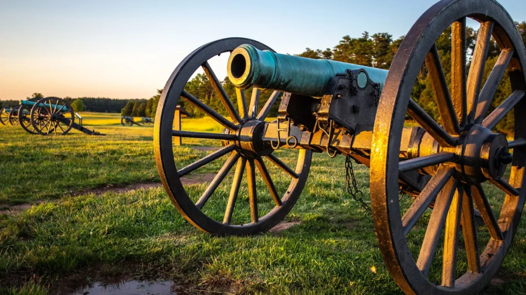 A photo of the Manassas national Battlefield Park with old battle cannons lined up in a row.