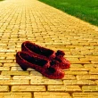 Two red sequin slippers, akin to Dorothy's from Wizard of Oz, sit on a yellow brick road with green grass on each side of it.