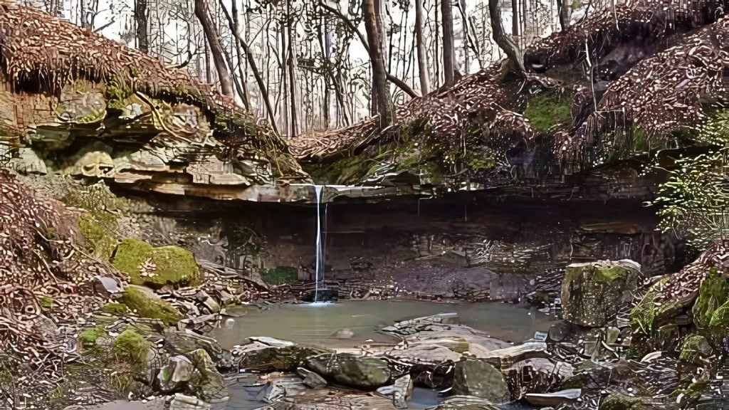 St. Mary's Falls in LA, a trickle of water over a plateau of rock that caves in beneath as the water falls.