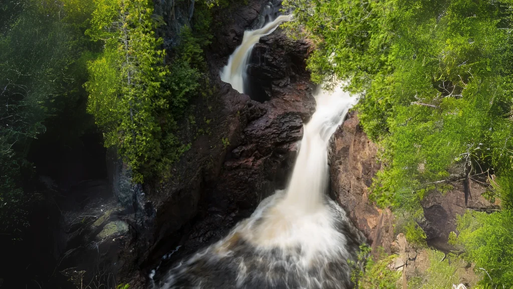 A photo of Devil's Kettle, a waterfall in Minnesota. It seemingly drops down into a hole, inaccessible by the average person.