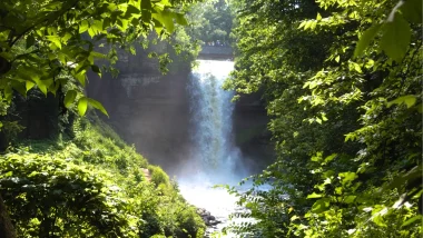 A waterfall in Minnesota. It is surrounded by dense verdant foliage, almost as if it is being kept as a secret from afar.